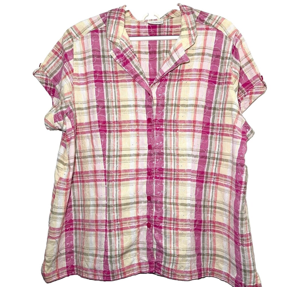 White Stag Plus 18W 20W Pink Plaid Eyelet Embroidered Button Front Cotton Shirt